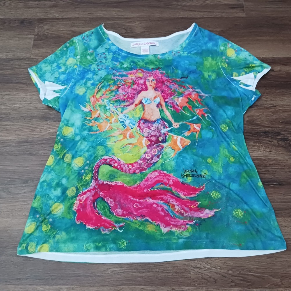 Leoma Lovegrove Mermaid Violin Fish Art Print T-Shirt Womens XL Teal Pink Blue
